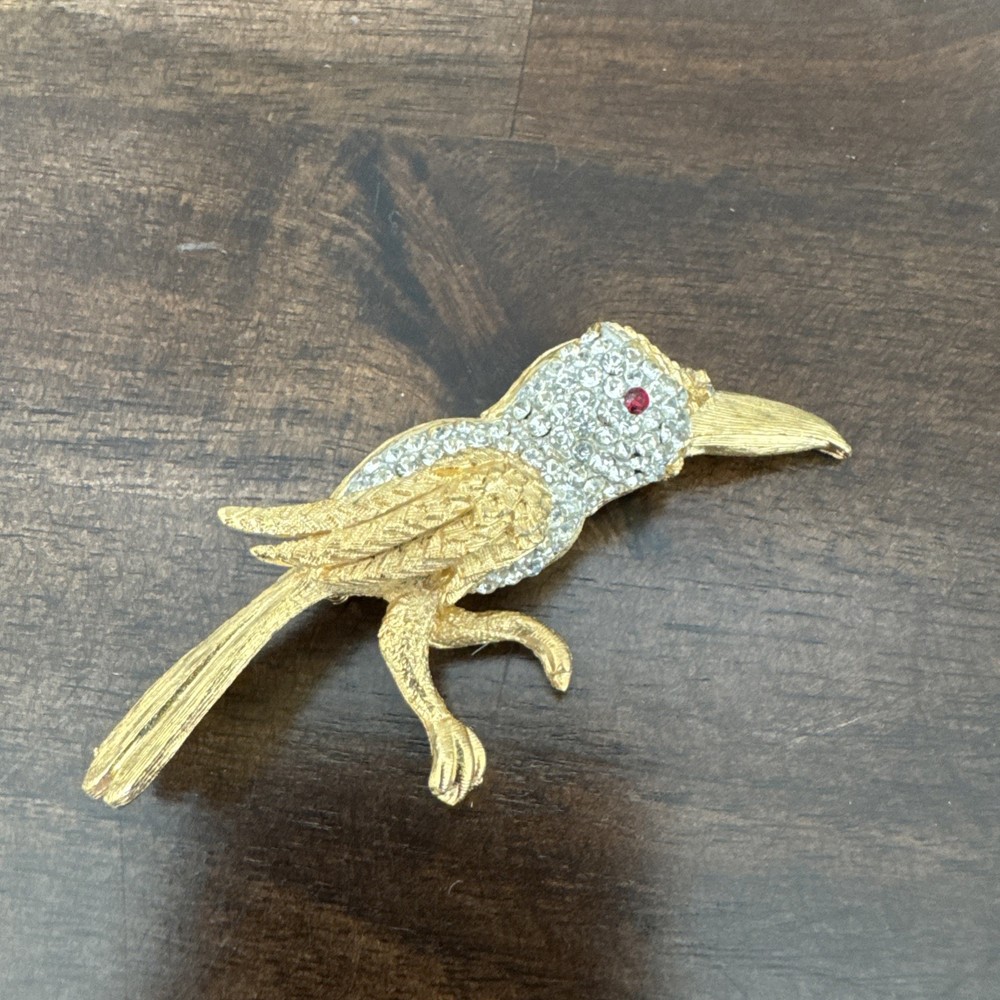 Vintage Boucher Gold Tone Enameled & Rhinestone Bird Brooch