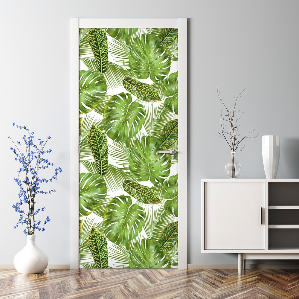 Tropical Leaves and Frog Bubble-Free Self-Adhesive Door Decal for Home Decor