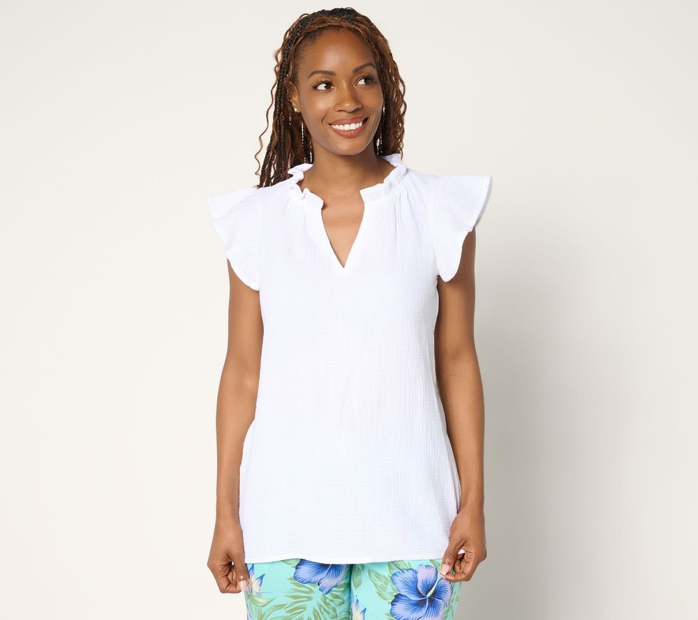 Gloria Vanderbilt Women's Top Sz M 100% Cotton Gauze Flounce Sleeve White