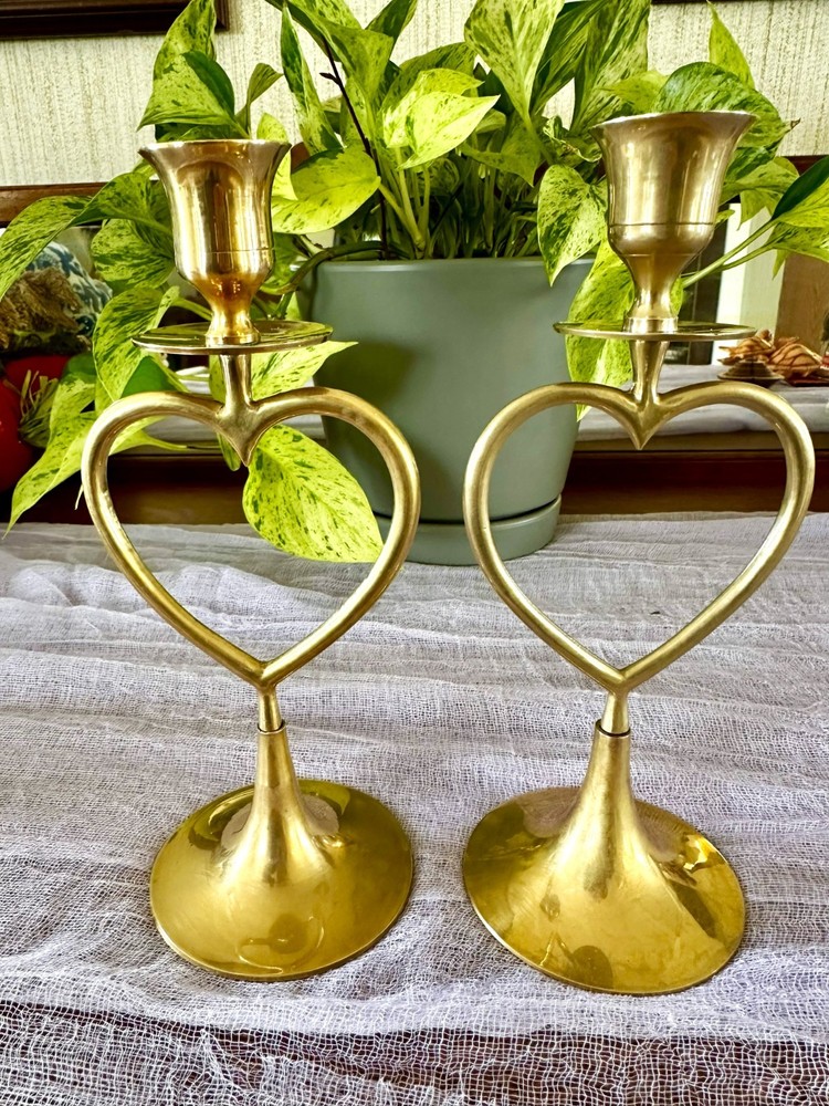 Hosley International Vintage Pair Brass Heart Candlestick Holders Made in India