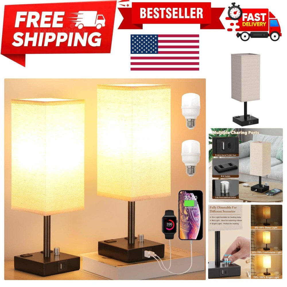 Fully Dimmable Nightstand Lamps Set of 2 - Table Bedside Lamp with USB C+A Ch...