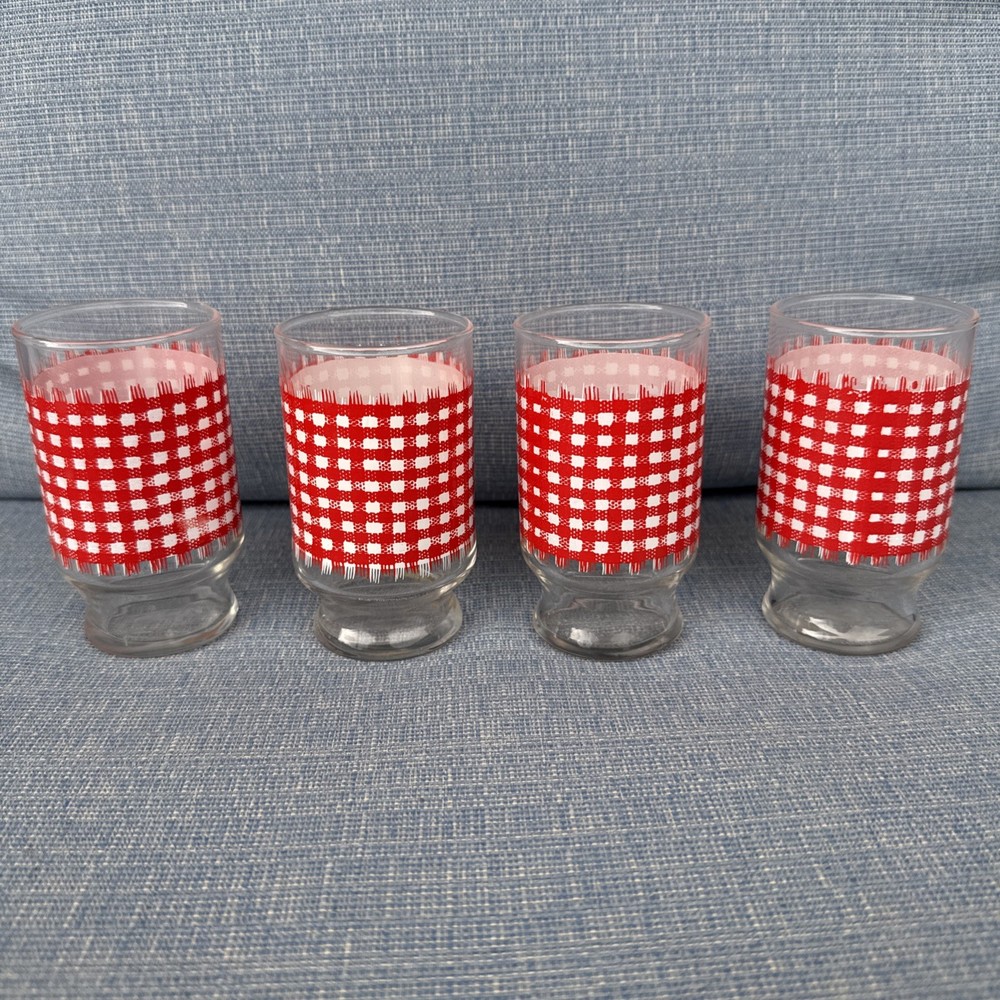 Vtg Libby Red Country Gingham JuiceGlasses Set of 4 Red/White Checkered Glass 4