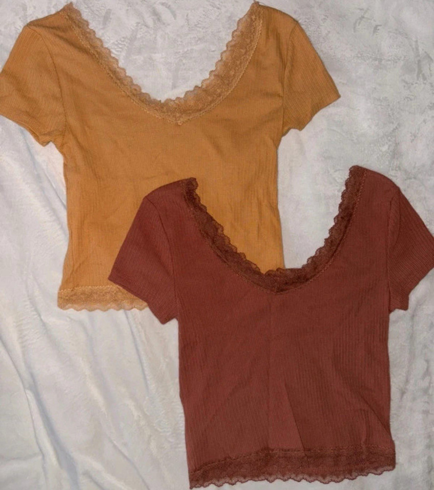 Aéropostale Lace Accent Cropped Knit T-Shirt Orange Brown V-Neck Size S