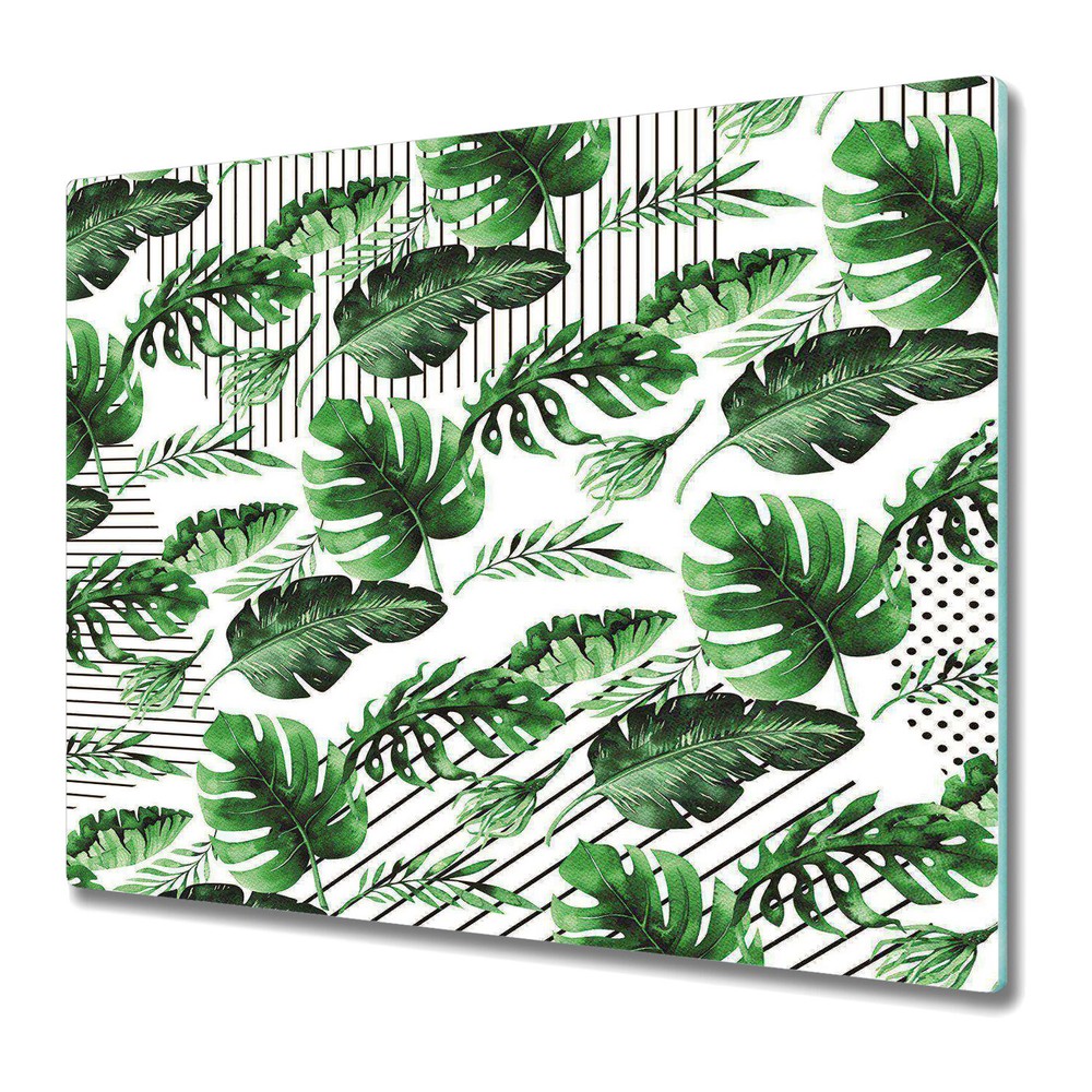 Glass Kitchen Chopping Board Worktop Saver Falling Leaves on Stripes 60x52