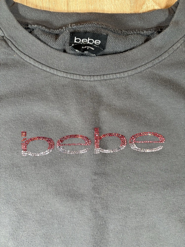 bebe Womens Small Gray Rhinestone Logo Sweatshirt Pullover Long Sleeve