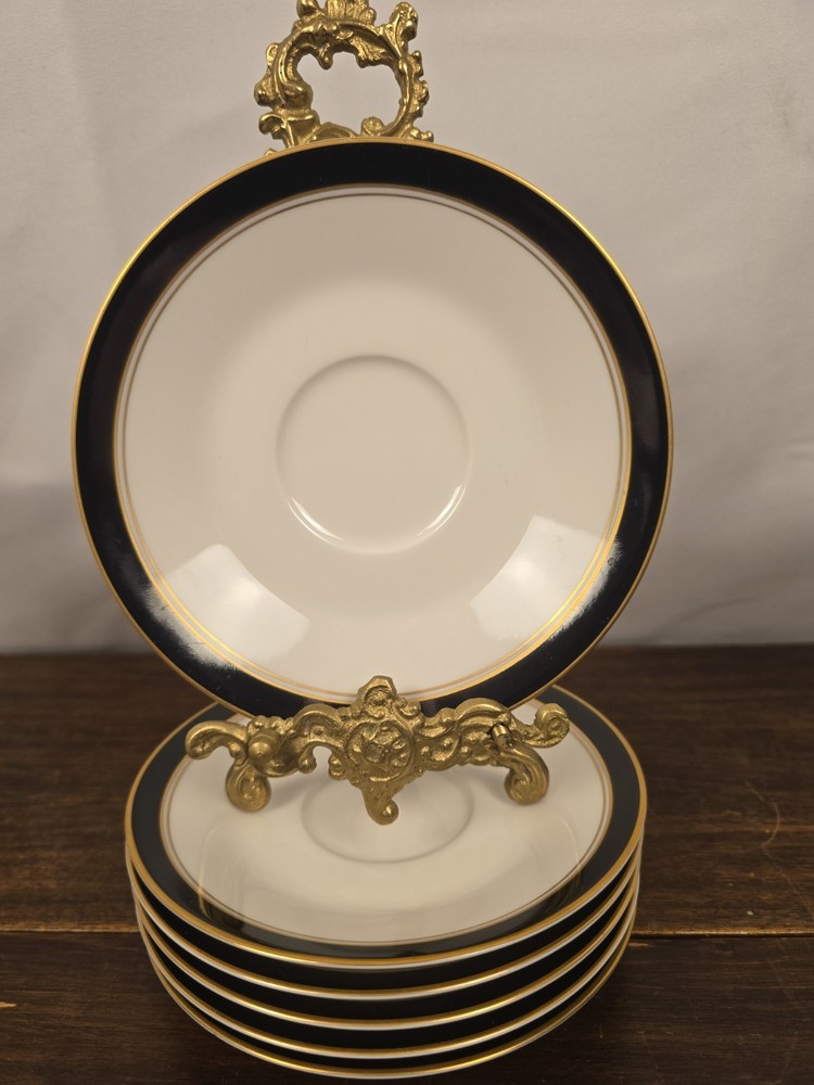 Set Of 6 Noritake Ivory & Ebony Ivory China Black/Gold Trim Saucer Plates 10.5