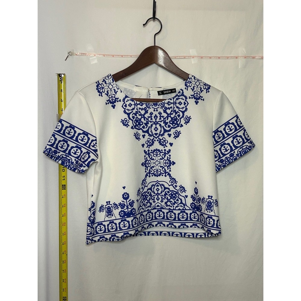 SHEIN White Blue Floral Print Cropped Short Sleeve Top Women Size M