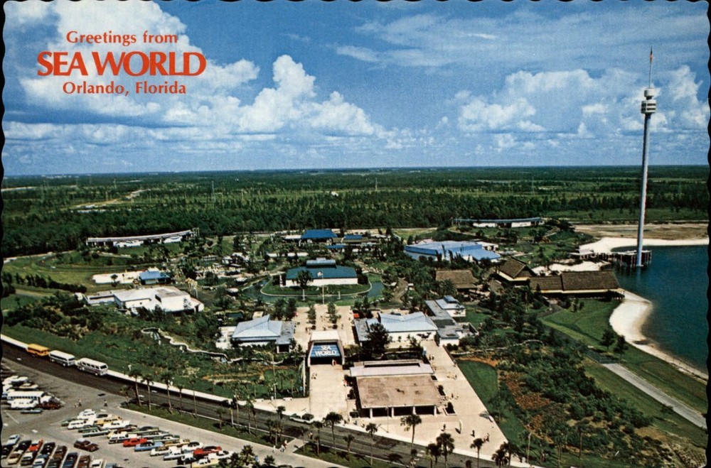 Greetings from Sea Work Orlando Florida aerial view space needle ~ postcard