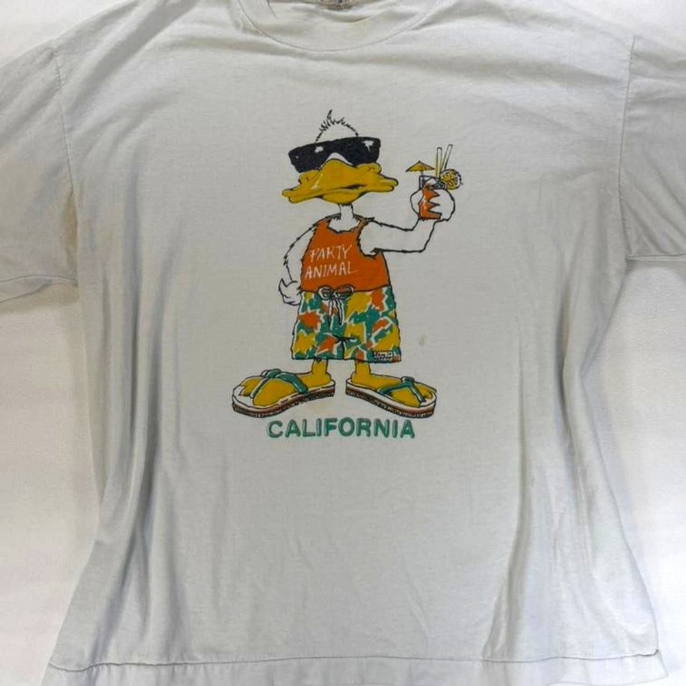 Vintage 90's California Party Animal Duck White Single Stitch T-shirt Size Large