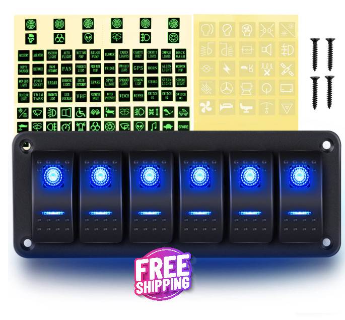 Panel de aluminio con interruptor basculante de 6 posiciones y luz LED azul NEW
