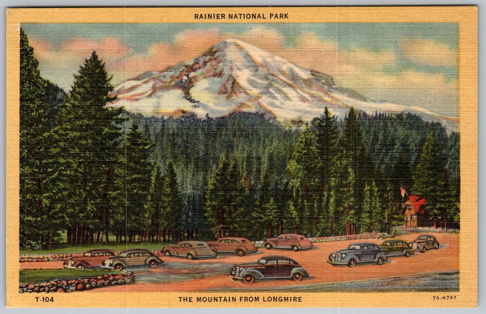 Vtg Linen Postcard Mountain Longmire, WA 1940s
