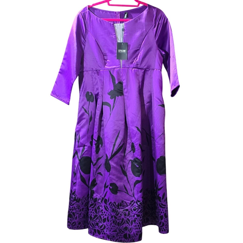 STYLEWE Purple Black Floral Satin Midi Dress L 3/4 Sleeve A-Line Party NWT