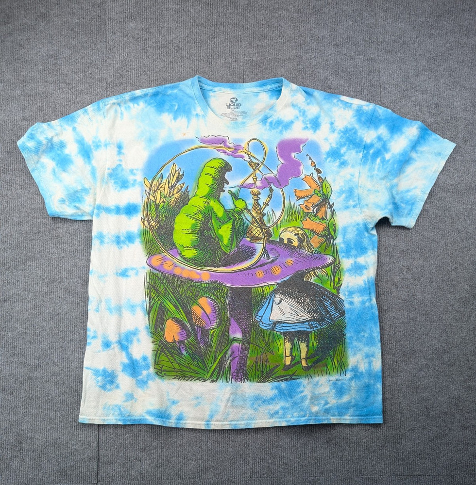 Liquid Blue Alice In Wonderland Shirt Men XXL Tie Dye Blue Retro Cartoon Graphic