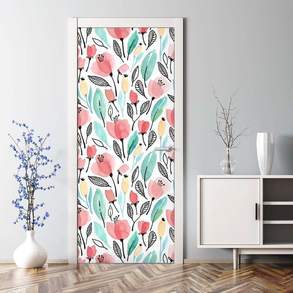 Watercolour flowers Bubble Free red Door Decal Reusable self adhesive wallpaper