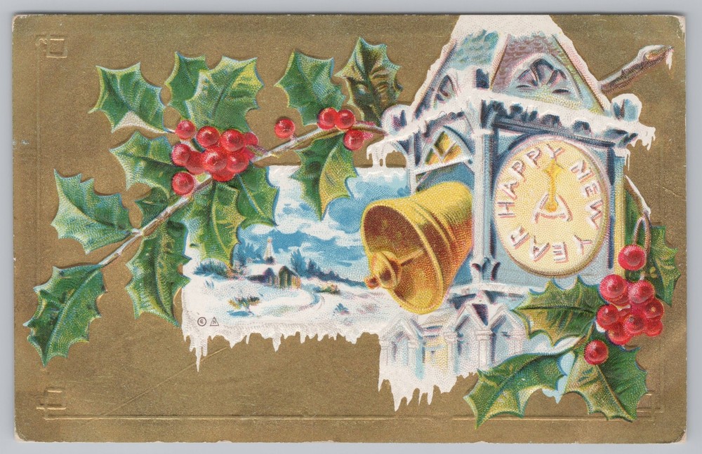 Holiday~Happy New Year~Bell & Clock Tower & Holly~Embossed~PM 1910~Vintage PC