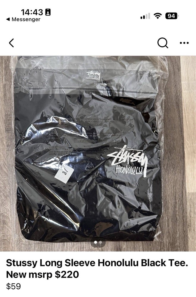 STUSSY Honolulu Hawaii Chapter LS Long Sleeve Tee Shirt, Medium, Black, NEW