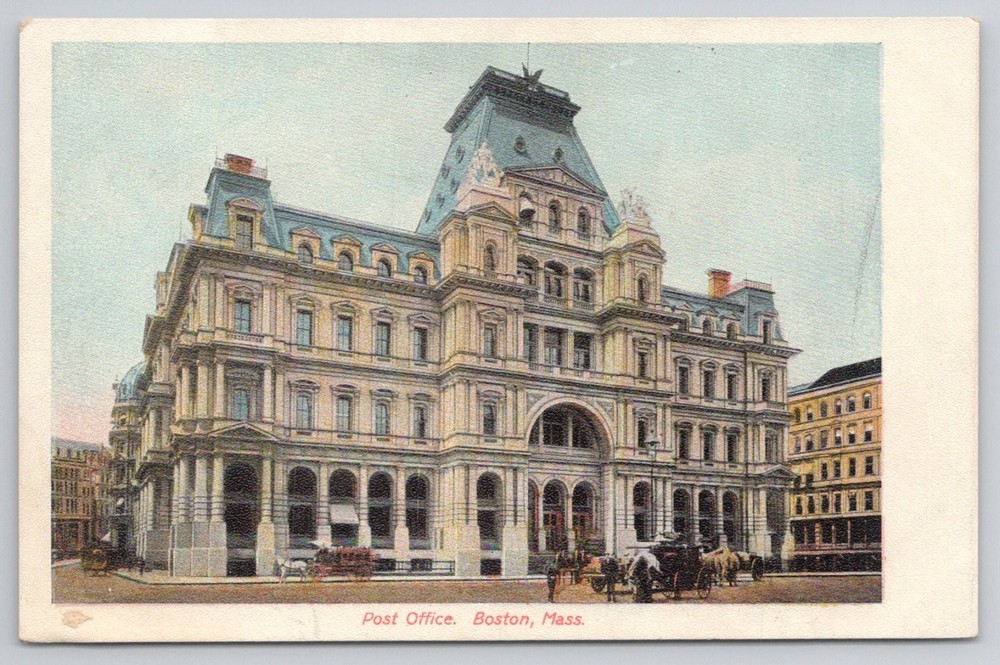 Boston MA Old Post Office Building Horse Carriages Vintage Postcard