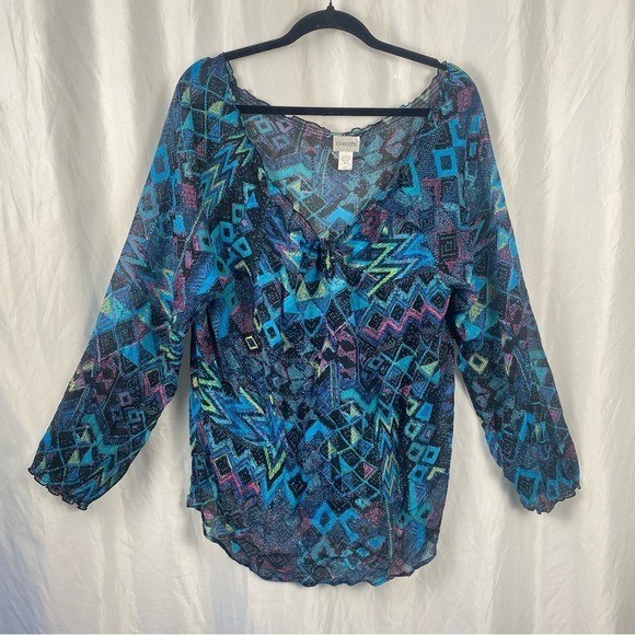 Chico's Silk Multicolor Geometric Long Sleeve Blouse Size 3