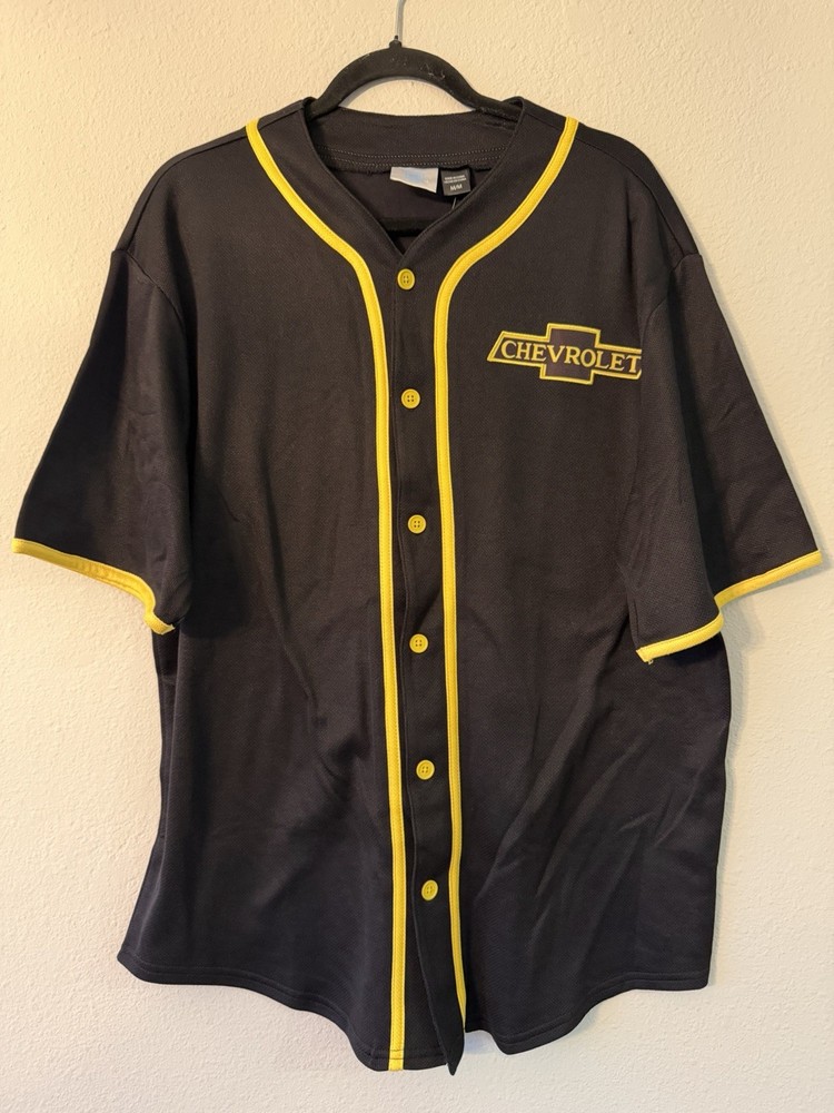 Chevrolet Button Down Baseball Jersey Men's Size Medium Black & Yellow Chevy