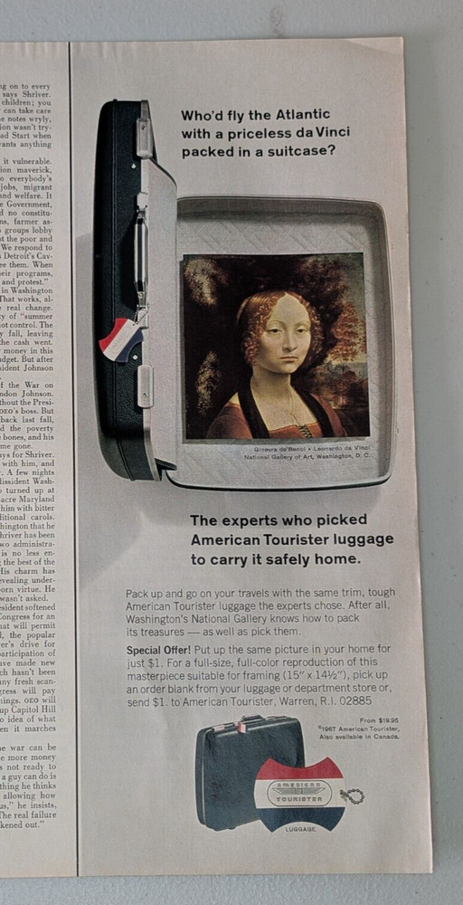 1967 American Tourister Vintage Print Ad Luggage Suitcase Tag Leonardo Da Vinci