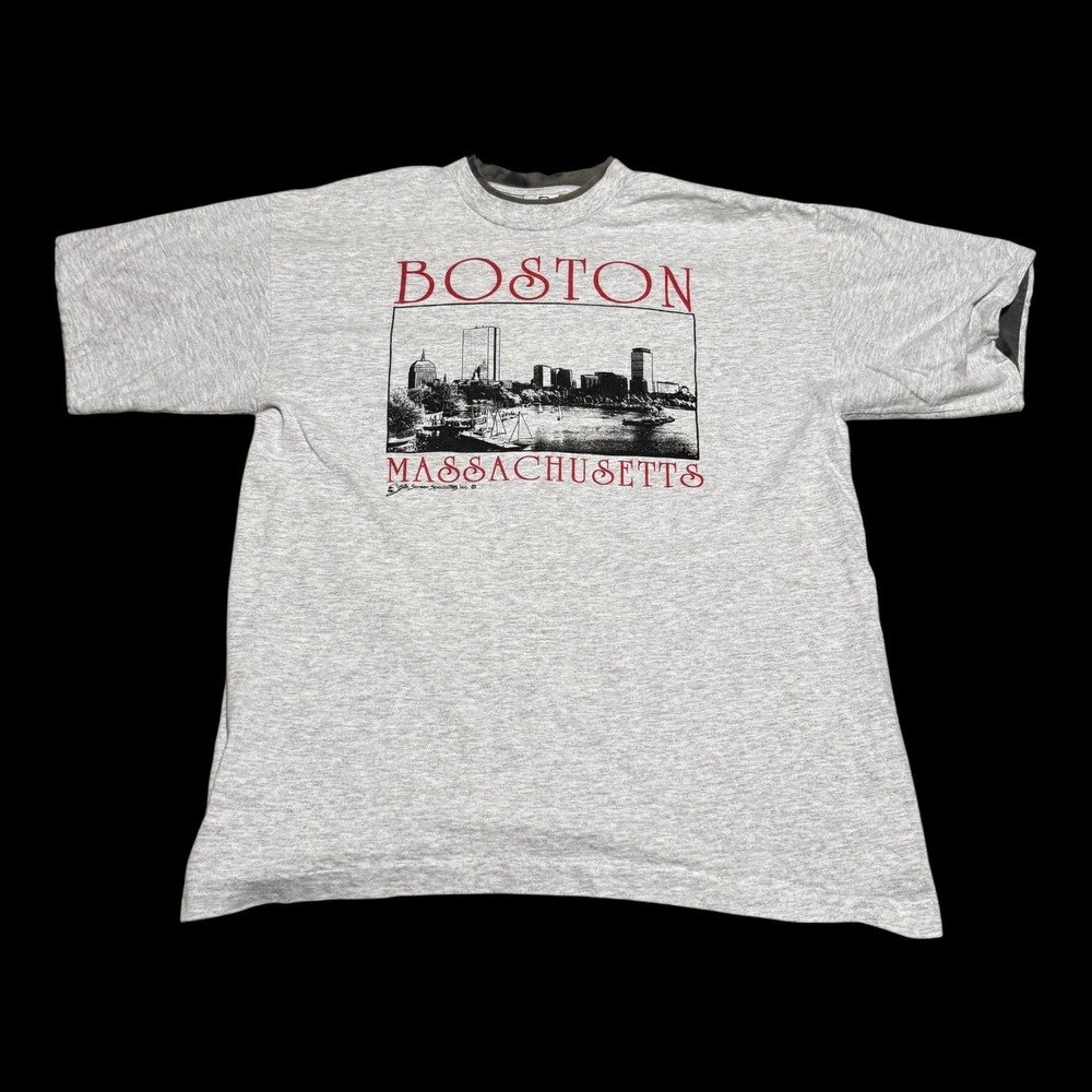 Vintage 90s Belton Boston Massachusetts Skyline Gray Cotton Shirt Men's XL