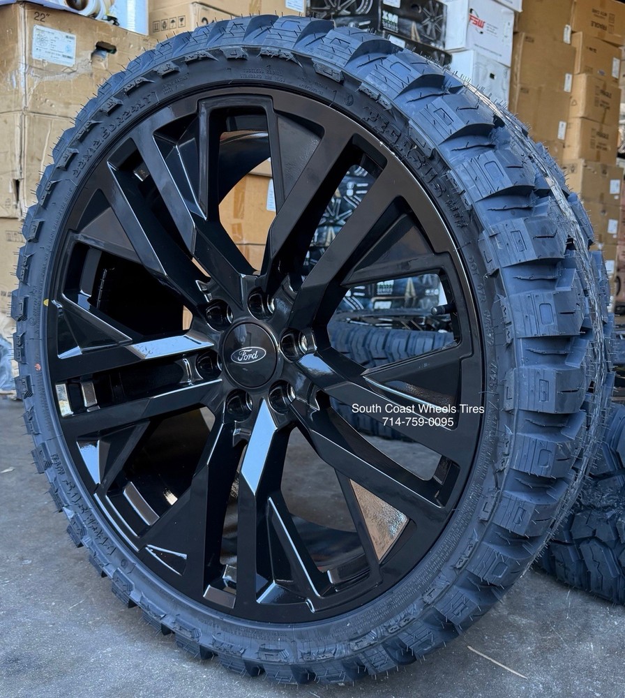 24” New BLACK WHEELS Ford F150 Expedition 6X135 33” Mud MT Tires TPMS Navigator