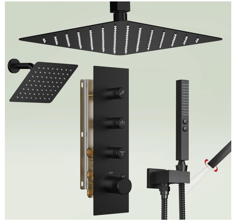 Thermostatic Dual Shower System with Push Button Diverter and Rainfall Faucet Set