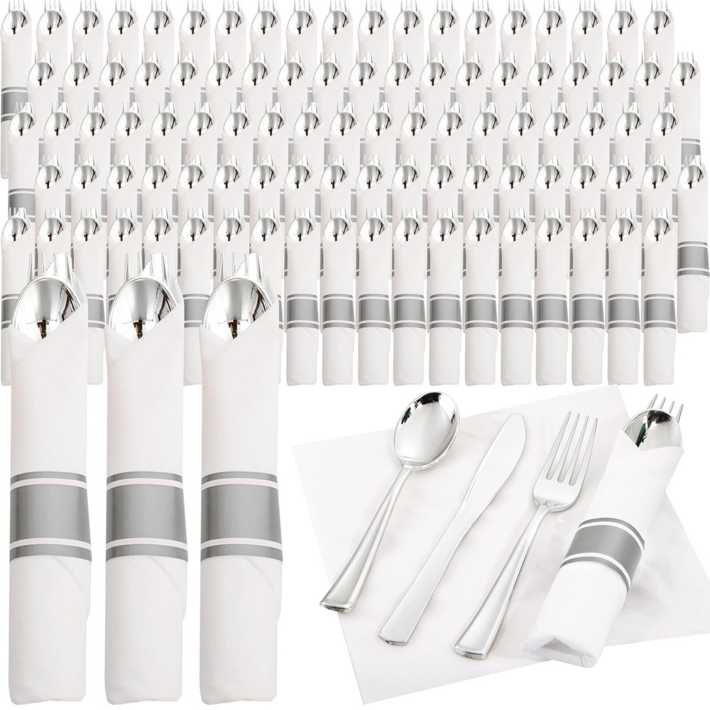 Silver Plastic Silverware Set with Pre-Rolled Napkins for Events