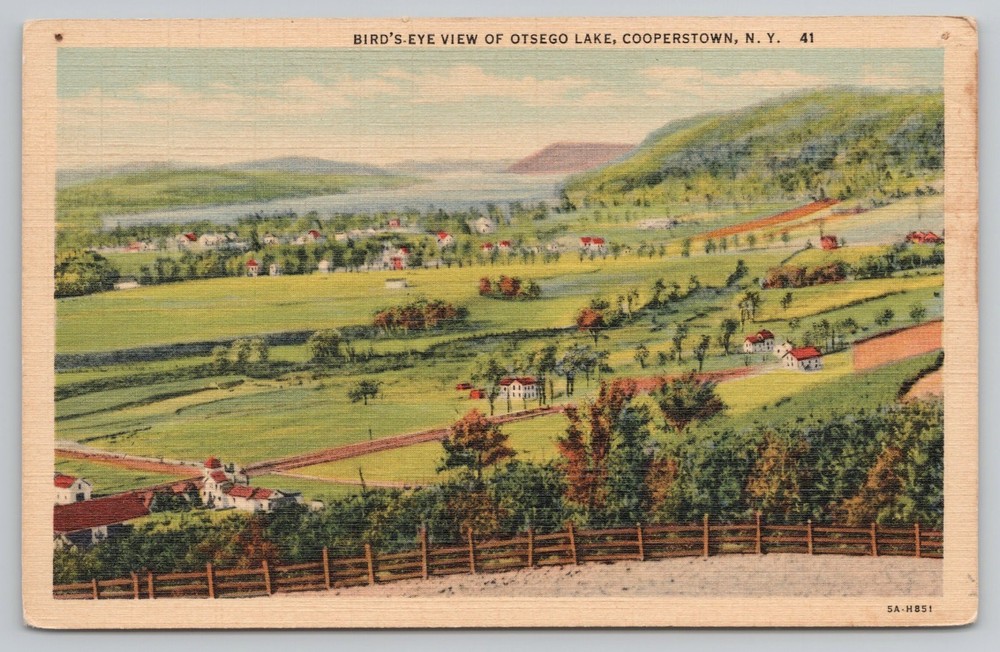 Bird's Eye View of Otsego Lake Cooperstown New York NY Postcard Linen Curteich