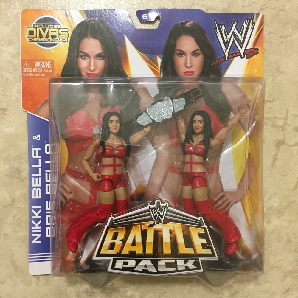 WWE 2013 Battle Pack 26, Nikki Bella & Brie Bella figures with Divas belt, new.