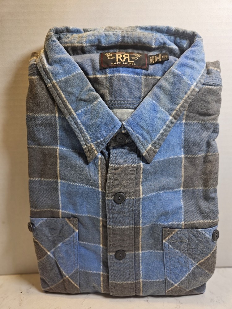 RRL Ralph Lauren Brushed Workshirt Plaid Blue Grey Long Sleeve XXL