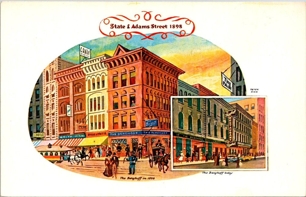 Dr Jim Stamps Postcard The Berghoff Restaurant Illustrated 1898 & Today Views
