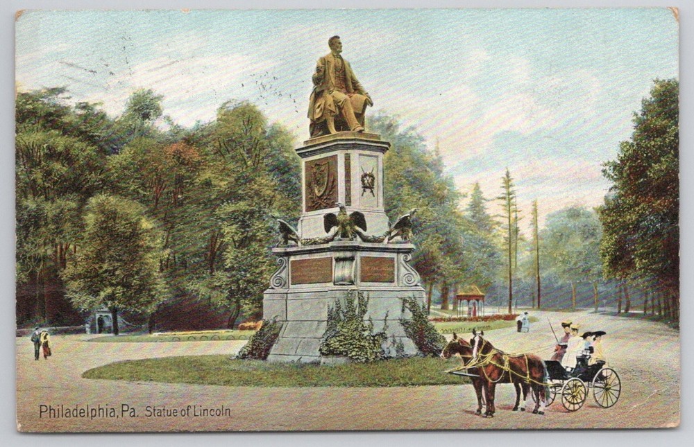 1908 Philadelphia PA Lincoln Statue Horse Carriage Hugh C. Leighton Postcard