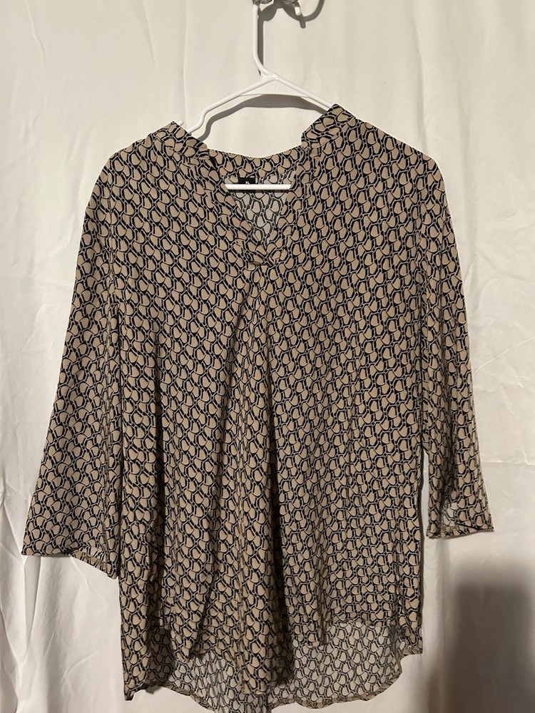 Kenar Womens L Multicolor Geometric V-Neck 3/4 Sleeve Tunic Chiffon Blouse