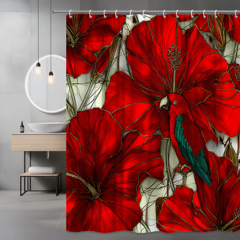 Red Floral Parrot Shower Curtain Tropical Bird Print
