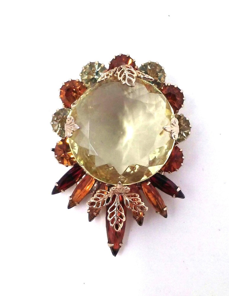Vtg Pronged Amber Topaz Rhinestone Flower Brooch Pin with Large Citrine Crystal