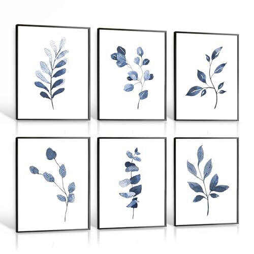 Blue Flower Wall Art, Navy Wall Art 6 - Piece Set, Bohemian 8x10 Navy Blue