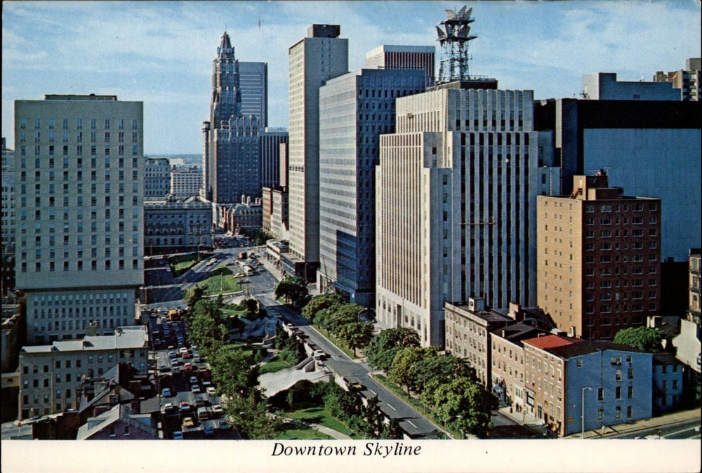 Baltimore Maryland downtown skyline along St Paul Place aerial vintage postcard