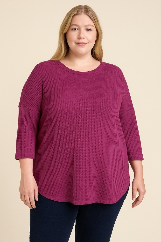 Umgee USA Women’s 2XL Waffle Knit Top High Low Hem Pullover Purple Comfy Casual