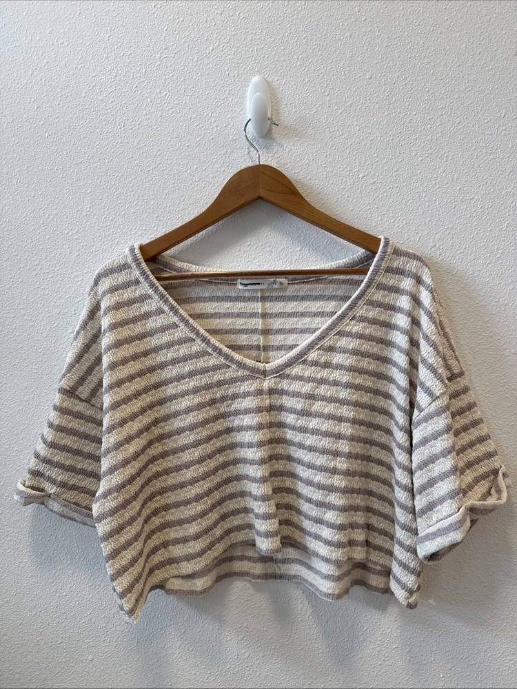 Altar'd State Purple Cream Ruched Striped Sleeve Cropped Top Womens X-Large