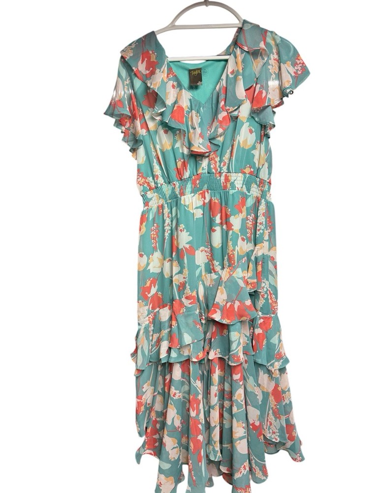 NWOT Taylor Women's Size 14 Blue V Neck Ruffle Floral Chiffon Dress