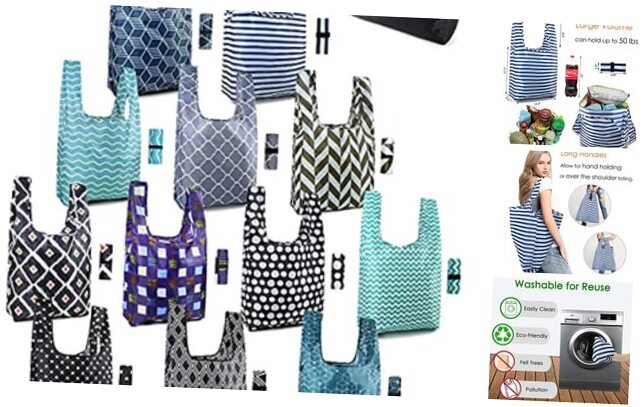 Reusable Shopping Bags Blue White Purple Green Black Gray-Geometry-12Pack