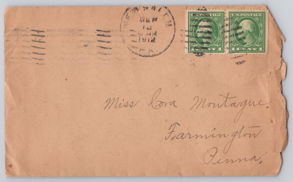 Uniontown, PA Addressed Cover, 2 x 1c Franklin Stamps, 1912 Postal History