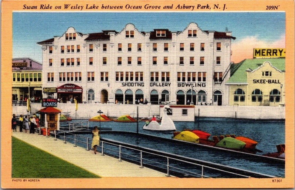 Swan Ride Wesley Lake Ocean Grove Asbury Park NJ 1957 Tichnor Postcard