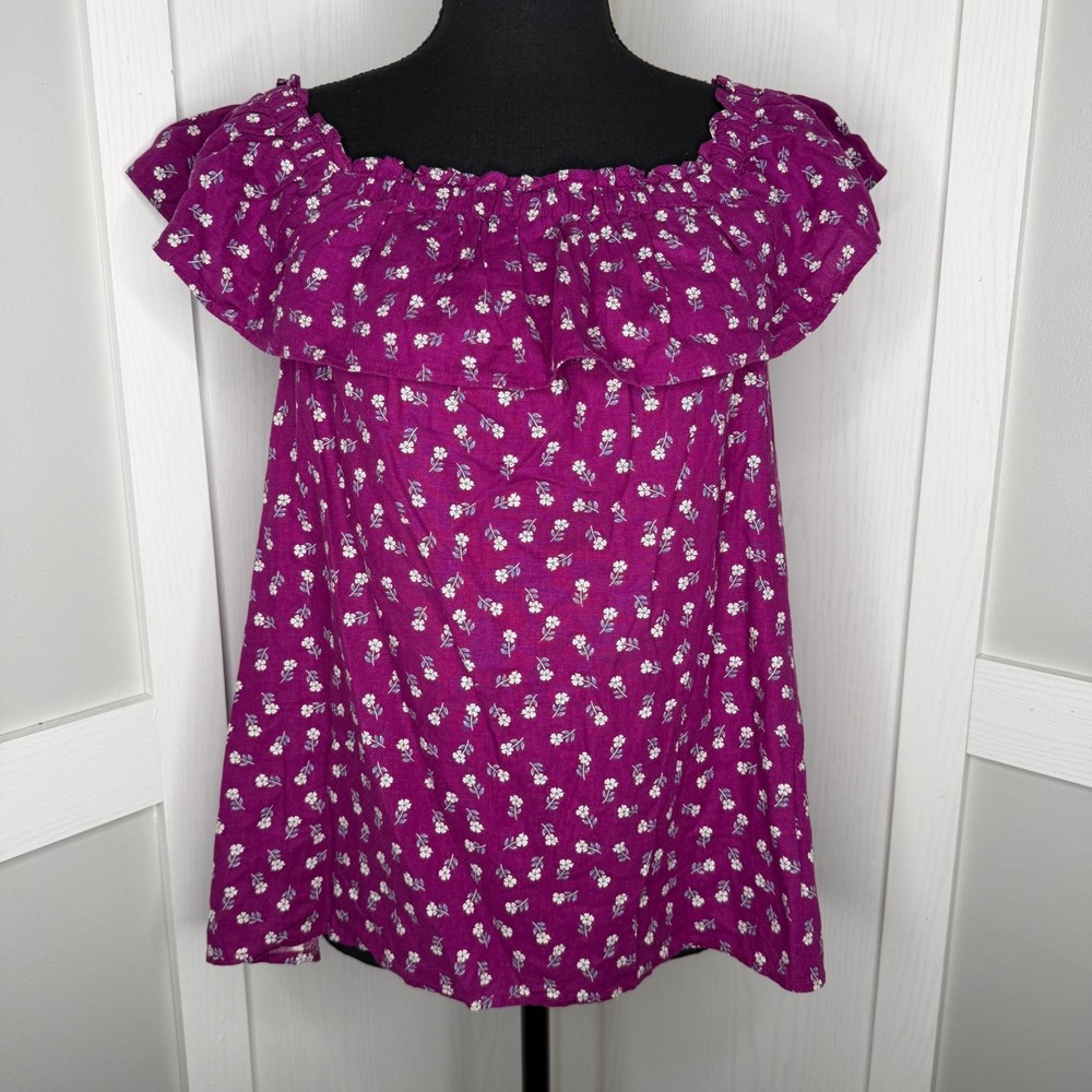 Loft Blouse Womens Small Purple Floral Linen Blend Ruffle Off The Shoulder Top