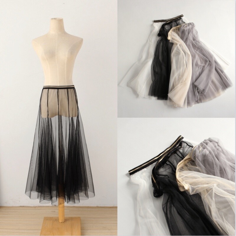 Women Fairy Mesh Sheer Skirt See Through Tutu Tulle Elastic Waist Midi Skirt