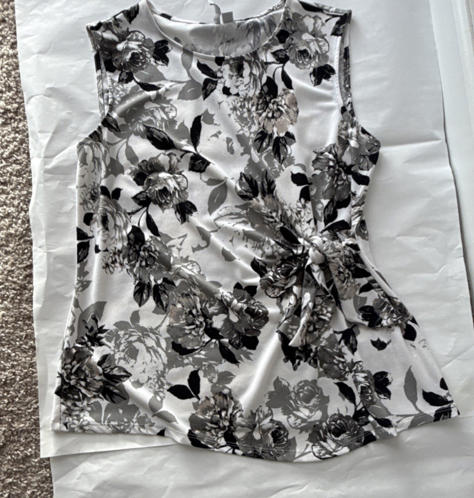 ELLE Sleeveless Floral Tie Accent Blouse Black White Gray Size L