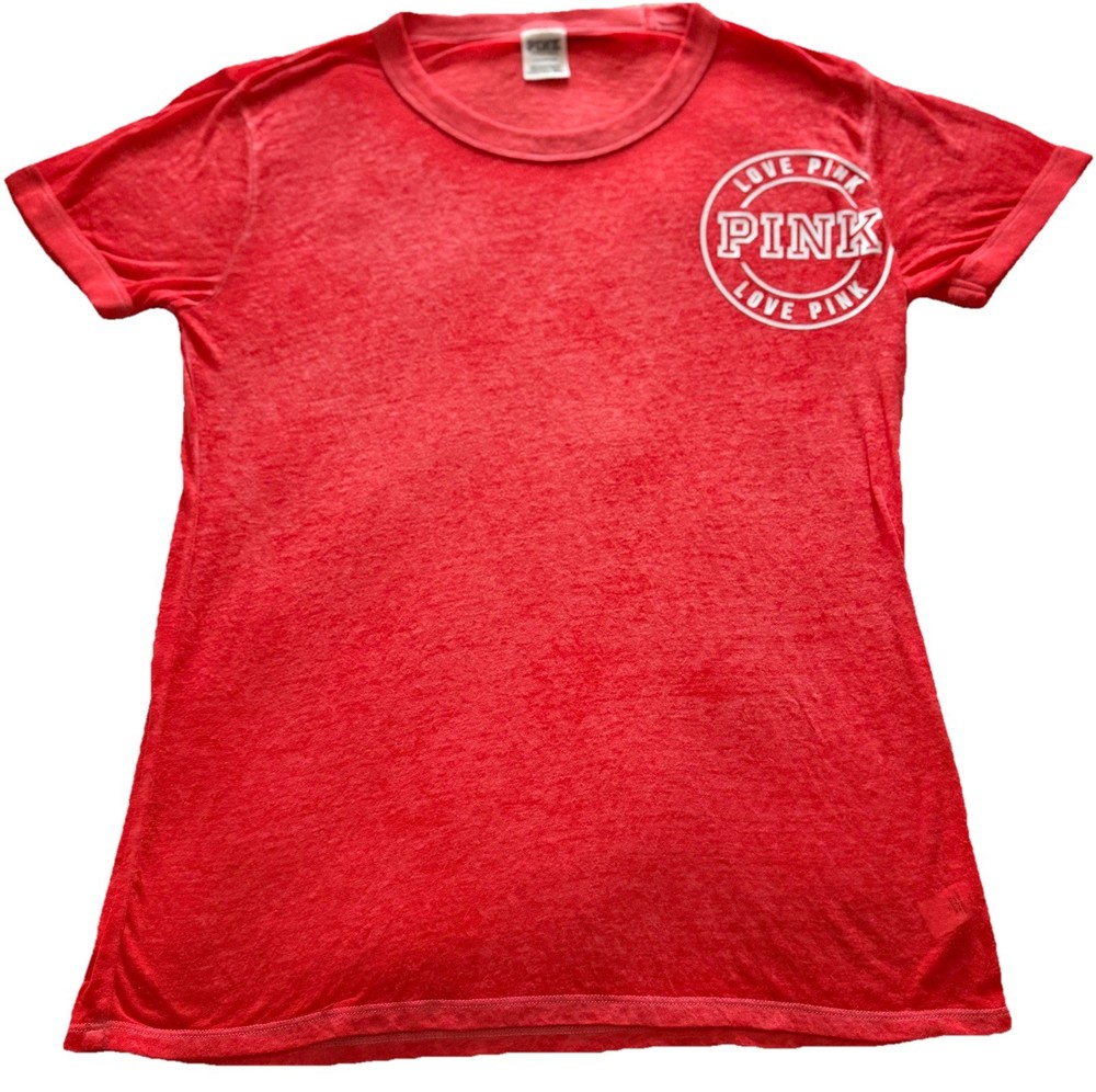 🤍Victoria's Secret PINK Logo Semi Sheer Short Sleeve T-Shirt-Orangish Red-L🤍