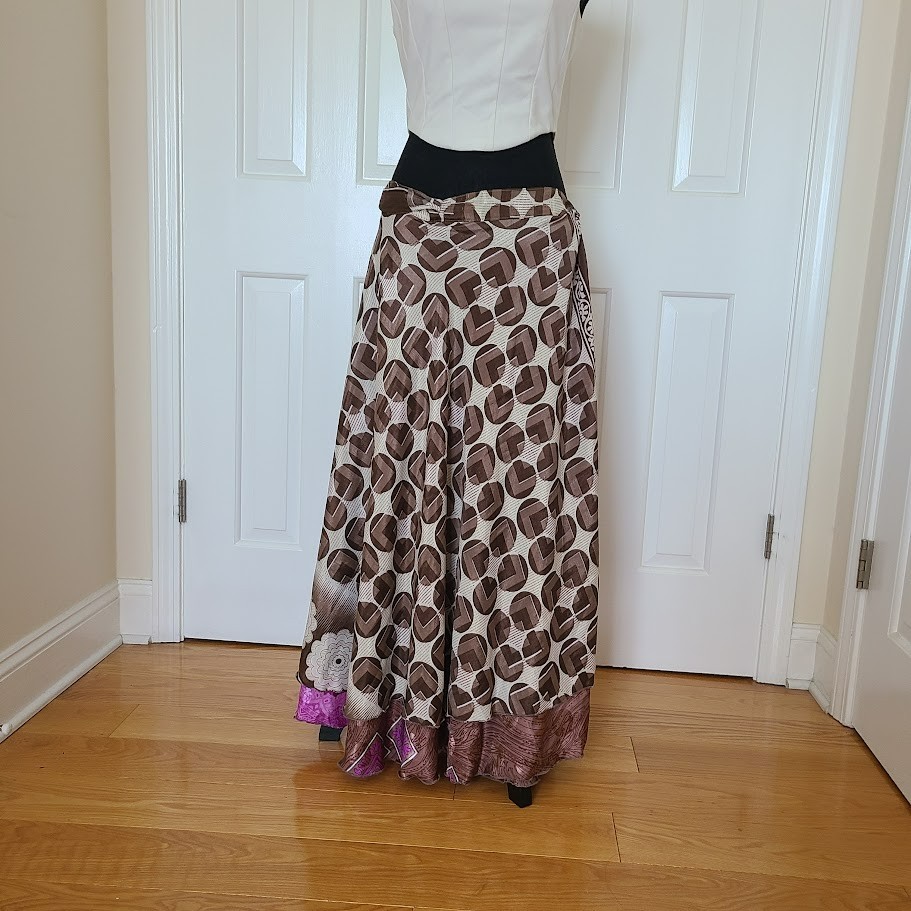Silk Sari Wrap Around Magic Skirt Women's One Size Purple  Brown Reversible Maxi