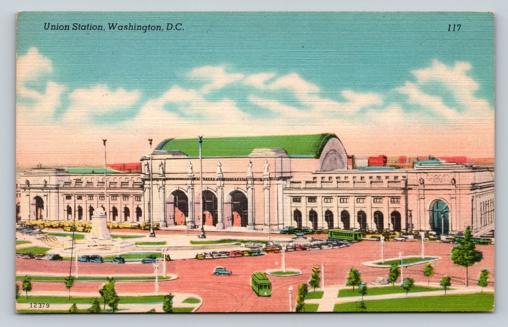 Washington D.C. Union Station Architecture Traffic VINTAGE Postcard Colorful